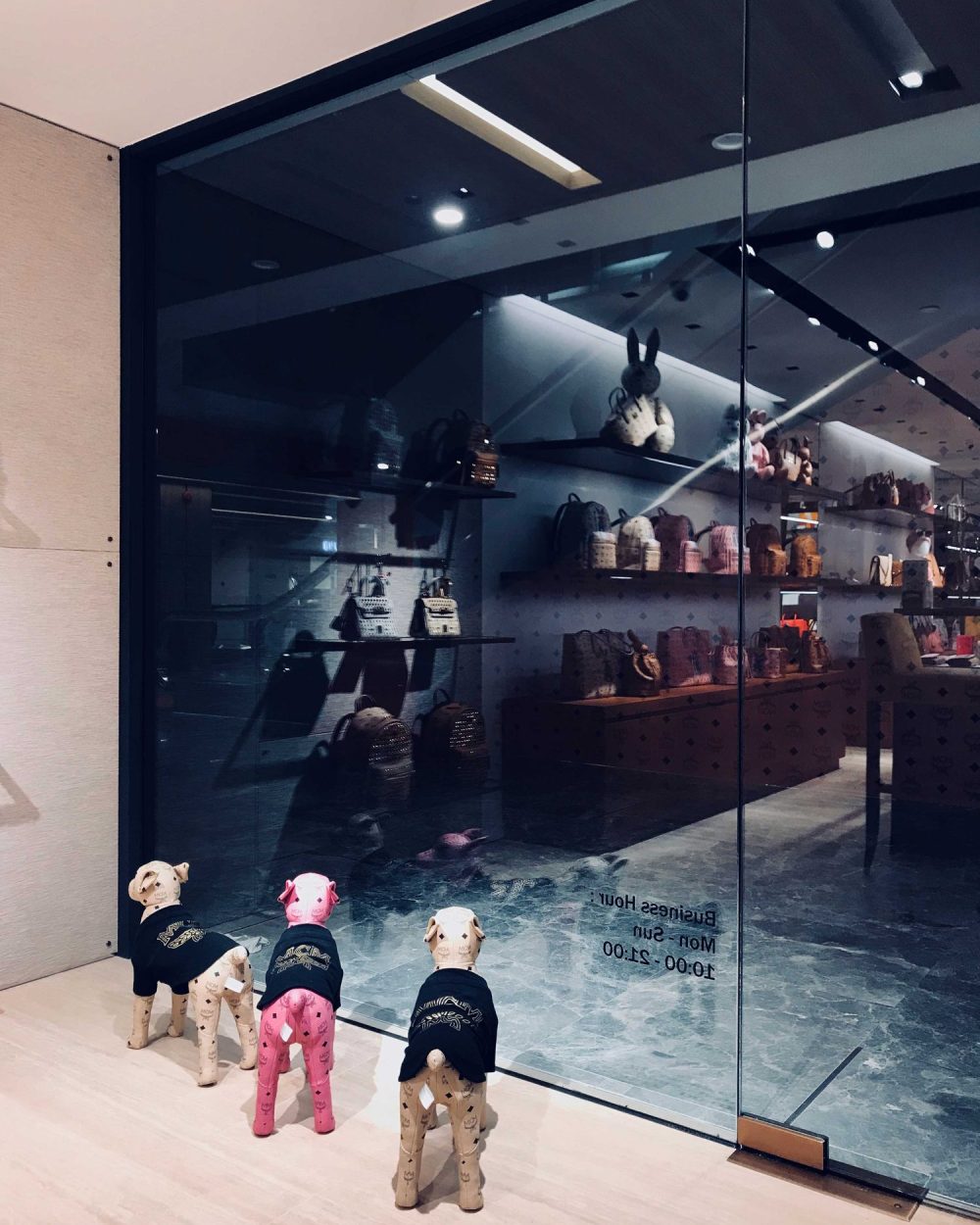 A reflective view through the MCM glass storefront onto backpacks, with canine figures seen from behind.