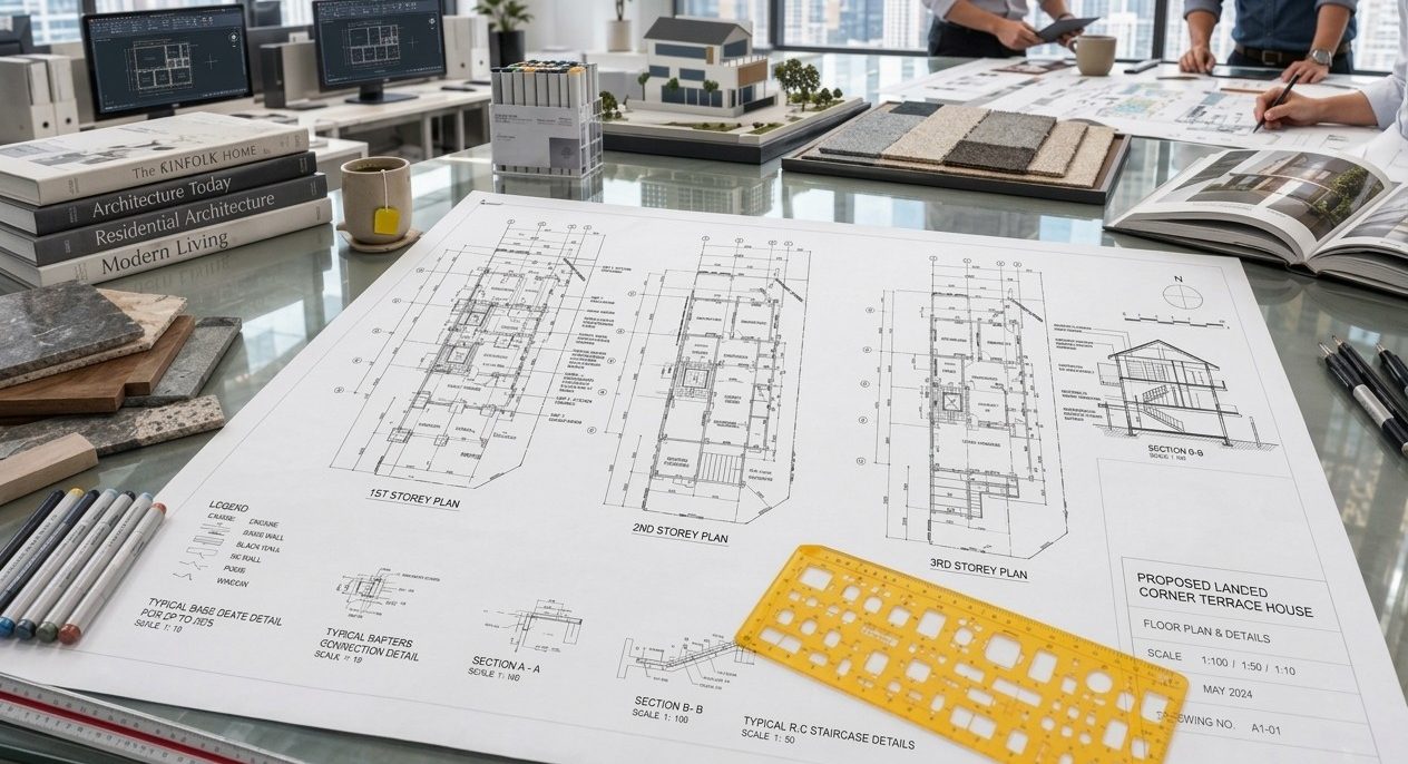 Architectural floor plans and material samples laid out on a design studio table.
