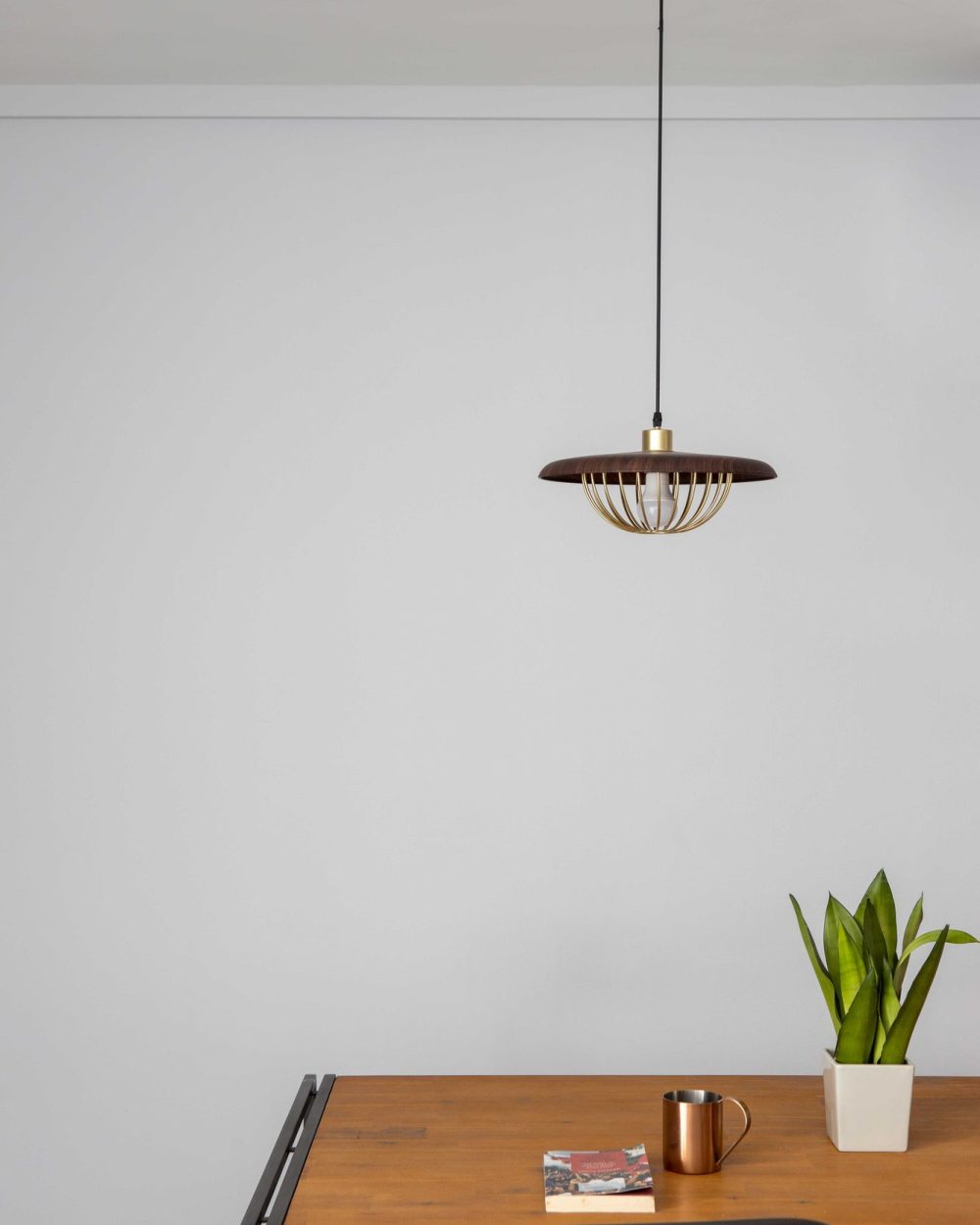 A single dome pendant with a brass cage hangs low over the dining table, styled simply with a potted plant and a copper mug.